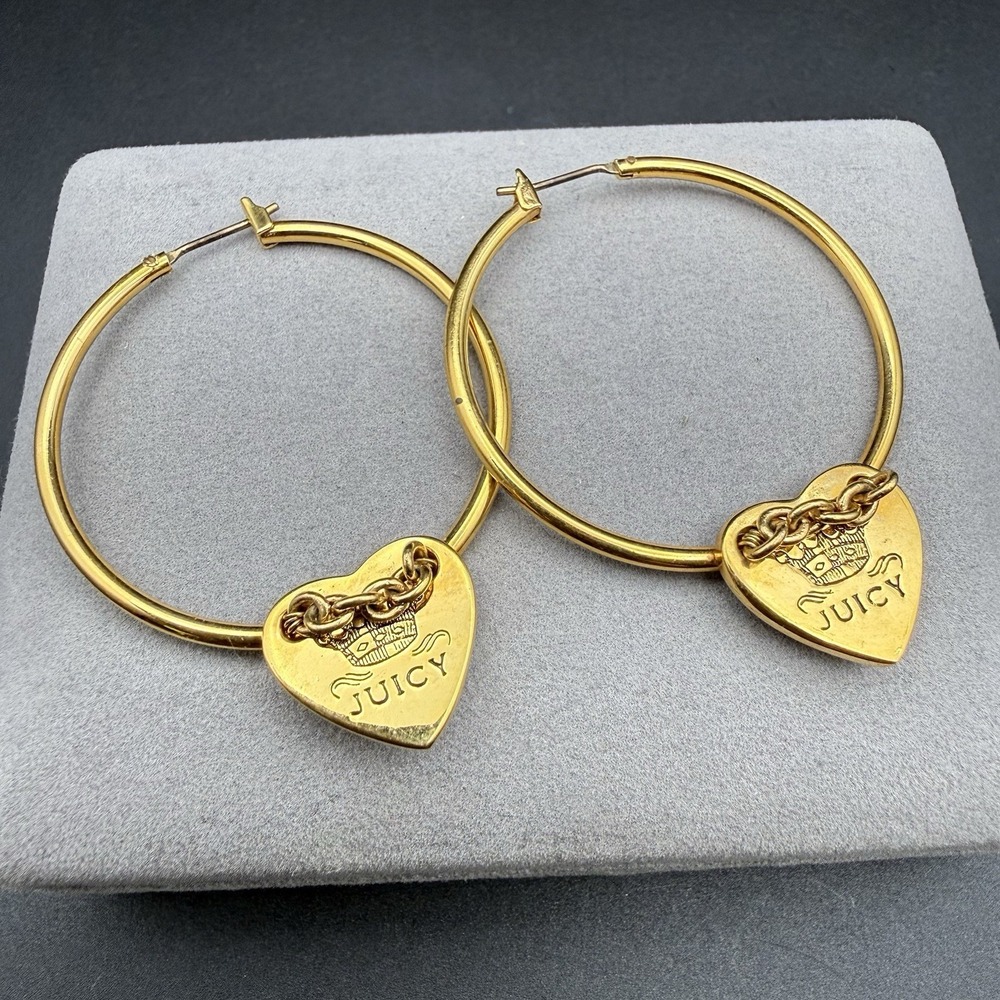 Juicy Couture Gold Tone Charm Hoop Earrings Heart Lock Chain Crown Logo Vtg Y2K